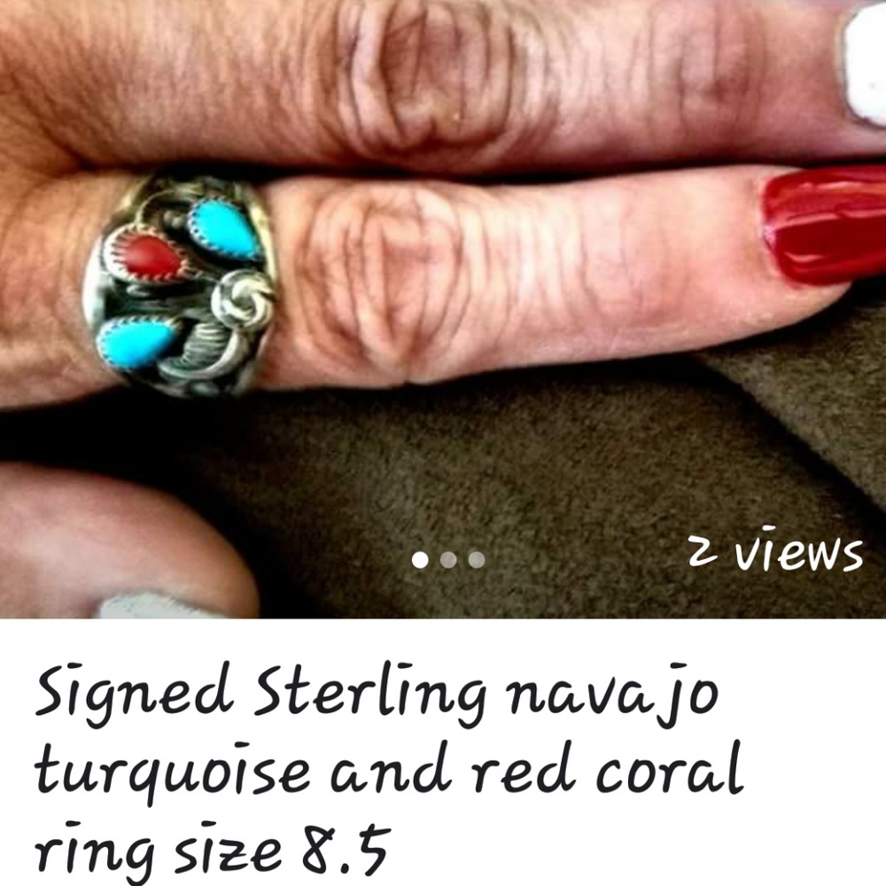 Navajo red coral and turquoise ring